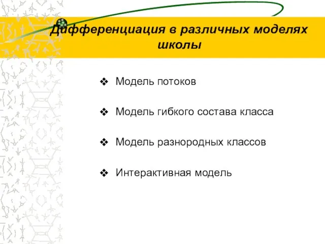 Дифференциация в различных моделях школы Модель потоков Модель гибкого состава класса Модель разнородных классов Интерактивная модель