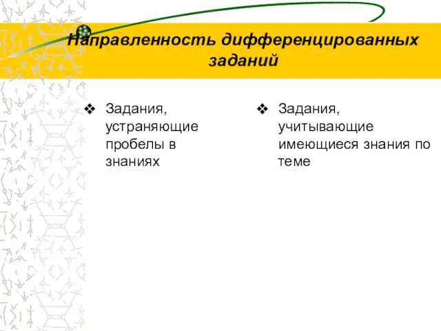 Направленность дифференцированных заданий Задания, устраняющие пробелы в знаниях Задания, учитывающие имеющиеся знания по теме