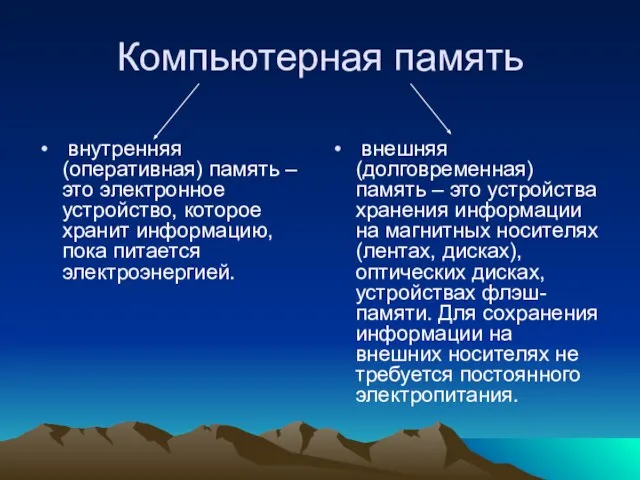 Компьютерная память внутренняя (оперативная) память – это электронное устройство, которое хранит информацию,