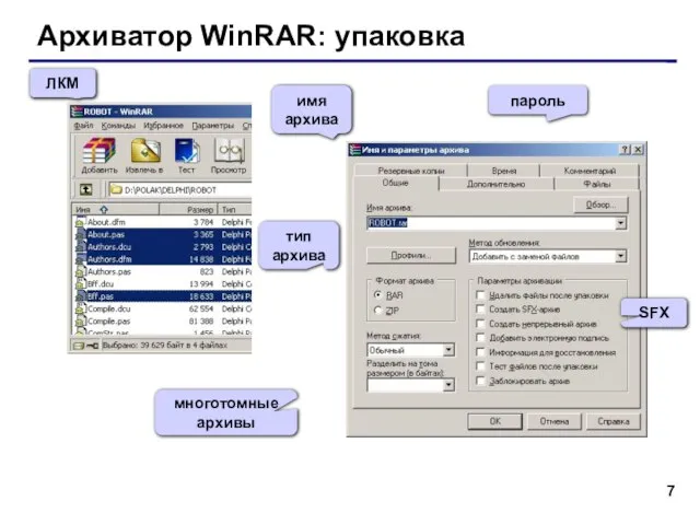 Архиватор WinRAR: упаковка ЛКМ тип архива SFX многотомные архивы пароль имя архива