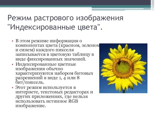 Режим растрового изображения "Индексированные цвета". В этом режиме информация о компонентах цвета