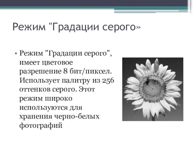 Режим "Градации серого» Режим "Градации серого", имеет цветовое разрешение 8 бит/пиксел. Использует