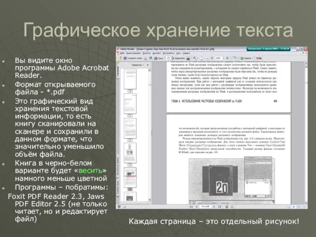 Графическое хранение текста Вы видите окно программы Adobe Acrobat Reader. Формат открываемого
