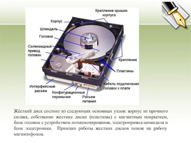 Жёсткий диск состоит из следующих основных узлов: корпус из прочного сплава, собственно