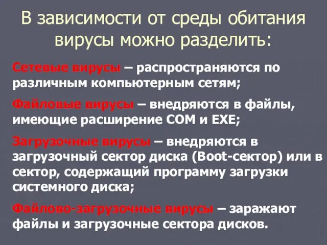 В зависимости от среды обитания вирусы можно разделить: Сетевые вирусы – распространяются