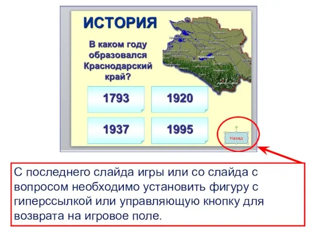 С последнего слайда игры или со слайда с вопросом необходимо установить фигуру