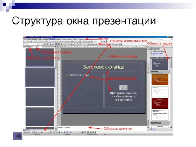 Структура окна презентации