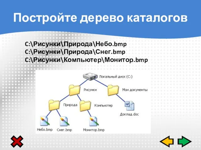 Постройте дерево каталогов C:\Рисунки\Природа\Небо.bmp C:\Рисунки\Природа\Снег.bmp C:\Рисунки\Компьютер\Монитор.bmp