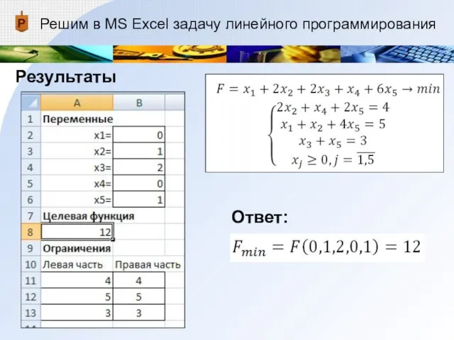 Решим в MS Excel задачу линейного программирования Результаты Ответ: