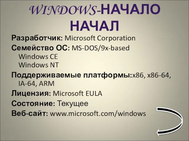WINDOWS-НАЧАЛО НАЧАЛ Разработчик: Microsoft Corporation Семейство ОС: MS-DOS/9x-based Windows CE Windows NT