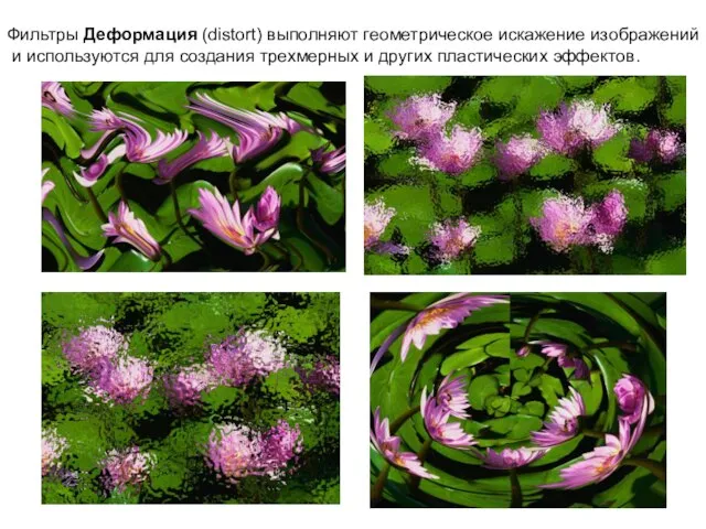 Фильтры Деформация (distort) выполняют геометрическое искажение изображений и используются для создания трехмерных и других пластических эффектов.