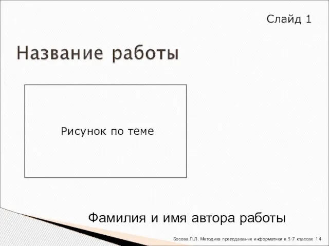 Фамилия и имя автора работы Рисунок по теме Слайд 1 Босова Л.Л.