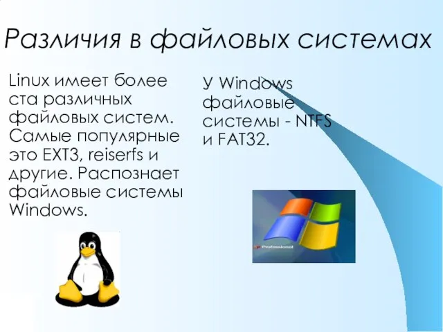 Различия в файловых системах У Windows файловые системы - NTFS и FAT32.