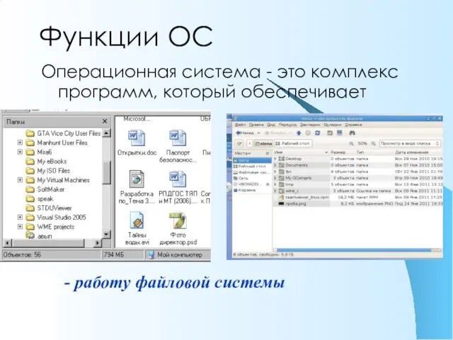 Функции ОС Операционная система - это комплекс программ, который обеспечивает - работу файловой системы