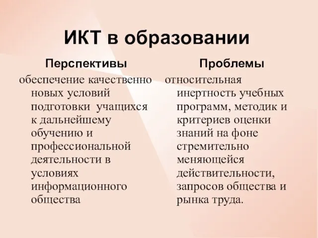 ИКТ в образовании Перспективы обеспечение качественно новых условий подготовки учащихся к дальнейшему