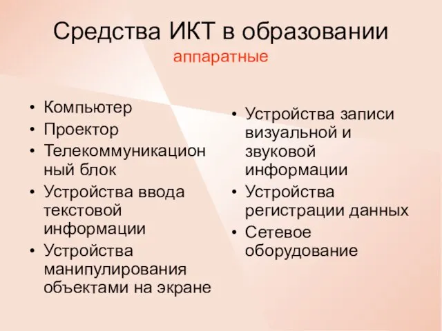 Средства ИКТ в образовании аппаратные Компьютер Проектор Телекоммуникационный блок Устройства ввода текстовой