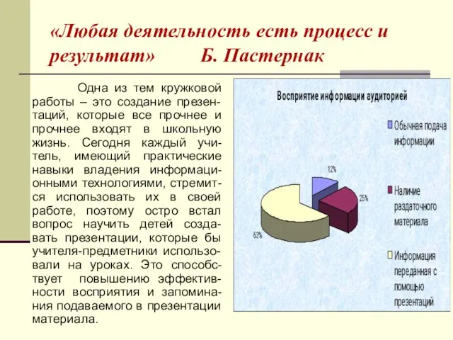 «Любая деятельность есть процесс и результат» Б. Пастернак Одна из тем кружковой