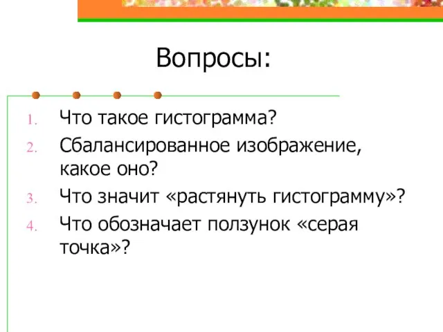 Вопросы: Что такое гистограмма? Сбалансированное изображение, какое оно? Что значит «растянуть гистограмму»?