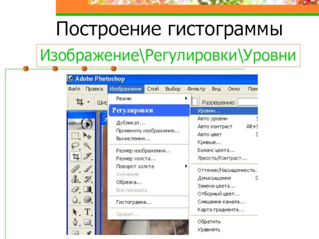 Построение гистограммы Изображение\Регулировки\Уровни Регулировки