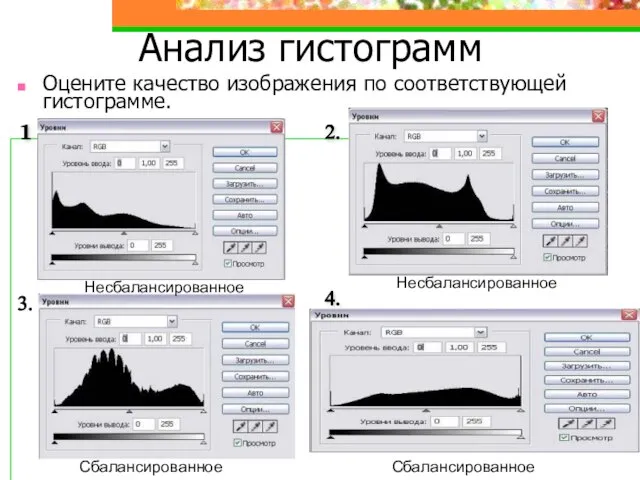 Анализ гистограмм Оцените качество изображения по соответствующей гистограмме. Несбалансированное Несбалансированное Сбалансированное Сбалансированное 1 2. 3. 4.