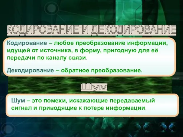 КОДИРОВАНИЕ И ДЕКОДИРОВАНИЕ Кодирование – любое преобразование информации, идущей от источника, в