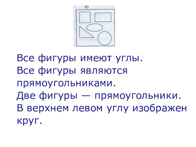 Все фигуры имеют углы. Все фигуры являются прямоугольниками. Две фигуры — прямоугольники.