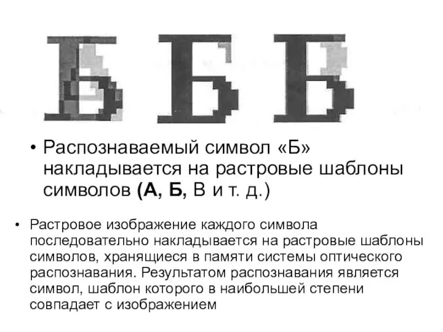 Распознаваемый символ «Б» накладывается на растровые шаблоны символов (А, Б, В и