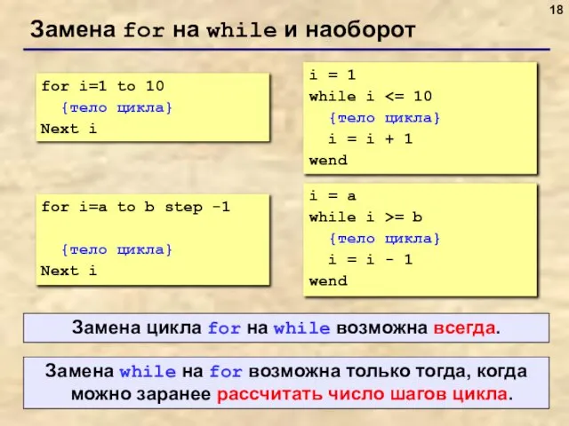 Замена for на while и наоборот for i=1 to 10 {тело цикла}