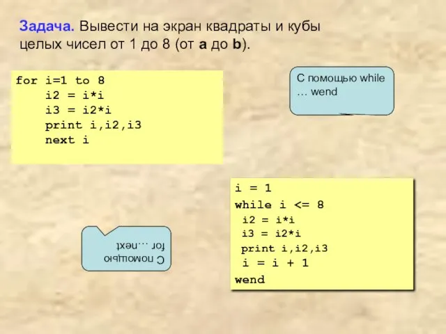 i = 1 while i i2 = i*i i3 = i2*i print