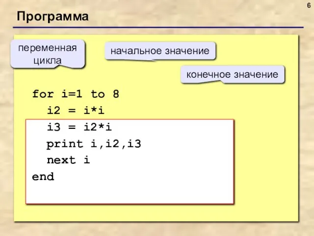 Программа for i=1 to 8 i2 = i*i i3 = i2*i print