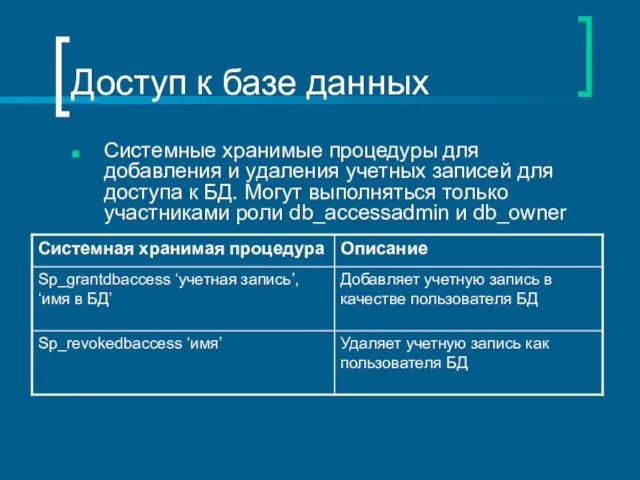 Доступ к базе данных Системные хранимые процедуры для добавления и удаления учетных