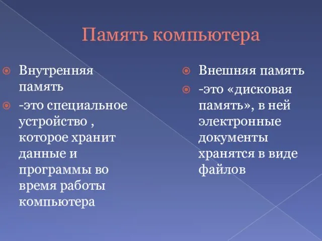 Память компьютера Внутренняя память -это специальное устройство , которое хранит данные и