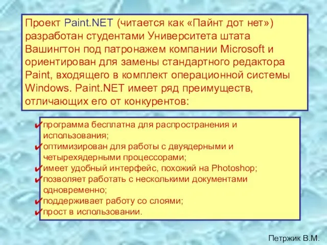 Проект Paint.NET (читается как «Пайнт дот нет») разработан студентами Университета штата Вашингтон