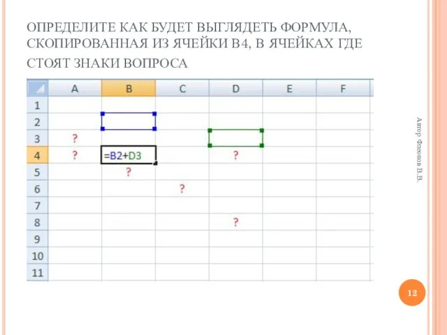 Автор Флеонов В.В. ОПРЕДЕЛИТЕ КАК БУДЕТ ВЫГЛЯДЕТЬ ФОРМУЛА, СКОПИРОВАННАЯ ИЗ ЯЧЕЙКИ В4,