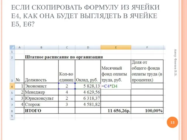 Автор Флеонов В.В. ЕСЛИ СКОПИРОВАТЬ ФОРМУЛУ ИЗ ЯЧЕЙКИ Е4, КАК ОНА БУДЕТ