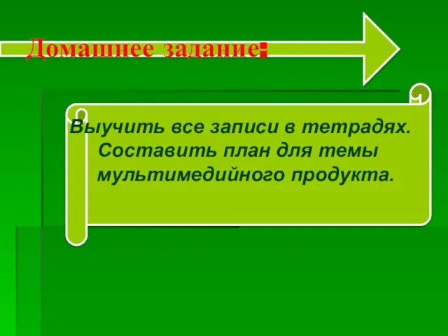 Домашнее задание: Выучить все записи в тетрадях. Составить план для темы мультимедийного продукта.