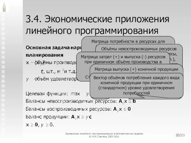 /23 3.4. Экономические приложения линейного программирования Матрица потребности в ресурсах для обеспечения