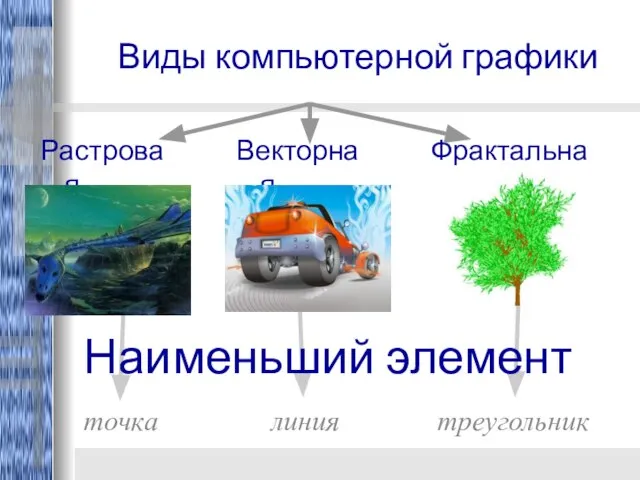 Виды компьютерной графики Растровая Векторная Фрактальная точка линия треугольник Наименьший элемент