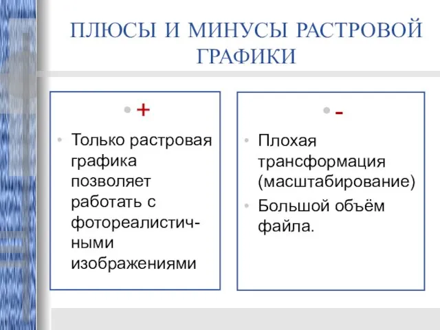 ПЛЮСЫ И МИНУСЫ РАСТРОВОЙ ГРАФИКИ + Только растровая графика позволяет работать с