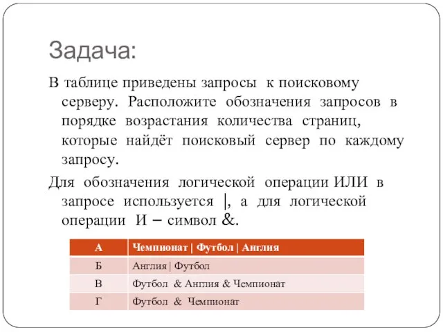 Задача: В таблице приведены запросы к поисковому серверу. Расположите обозначения запросов в