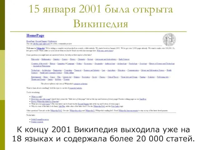 15 января 2001 была открыта Википедия К концу 2001 Википедия выходила уже