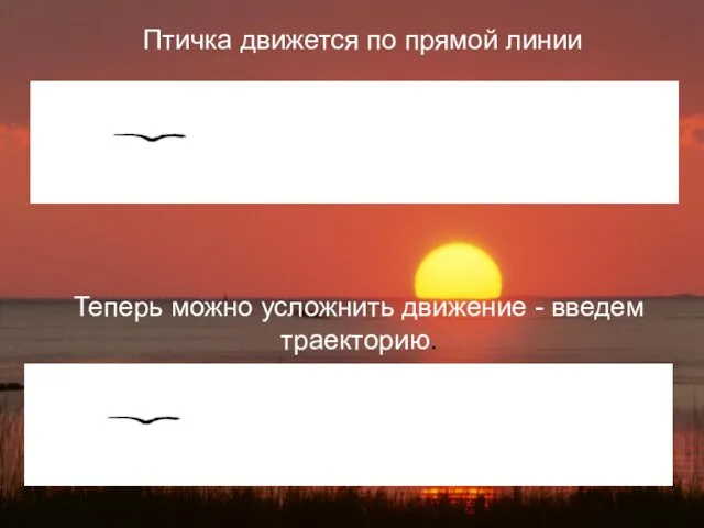 Теперь можно усложнить движение - введем траекторию. Птичка движется по прямой линии