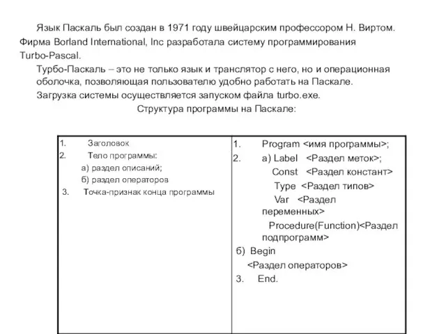 Язык Паскаль был создан в 1971 году швейцарским профессором Н. Виртом. Фирма