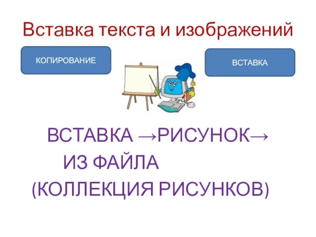 Вставка текста и изображений КОПИРОВАНИЕ ВСТАВКА ВСТАВКА →РИСУНОК→ ИЗ ФАЙЛА (КОЛЛЕКЦИЯ РИСУНКОВ)