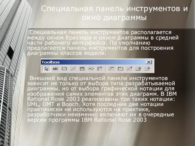 Специальная панель инструментов и окно диаграммы Специальная панель инструментов располагается между окном