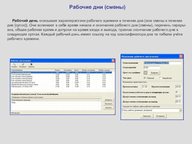 Рабочие дни (смены) Рабочий день описывает характеристики рабочего времени в течение дня