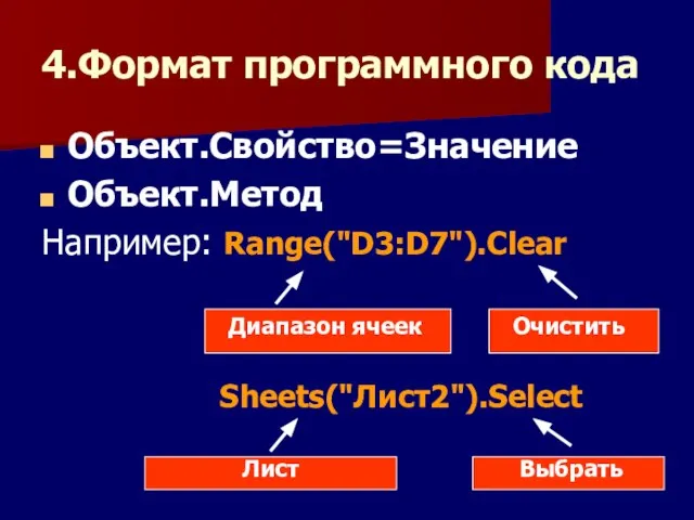 4.Формат программного кода Объект.Свойство=Значение Объект.Метод Например: Range("D3:D7").Clear Диапазон ячеек Очистить Sheets("Лист2").Select Лист Выбрать