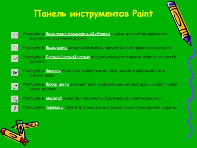 Панель инструментов Paint Инструмент Выделение произвольной области служит для выбора фрагмента рисунка