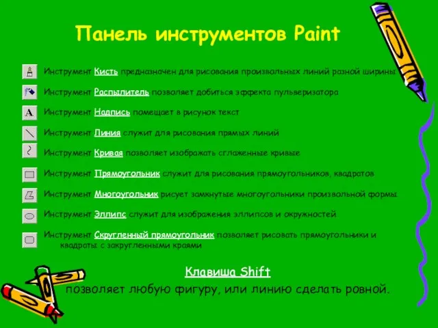 Панель инструментов Paint Инструмент Кисть предназначен для рисования произвольных линий разной ширины