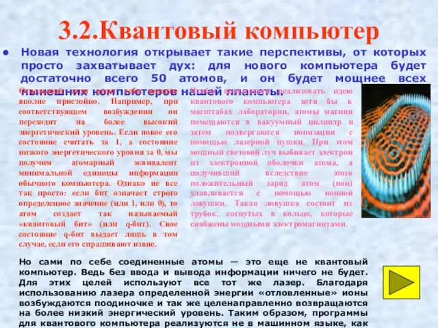 3.2.Квантовый компьютер Новая технология открывает такие перспективы, от которых просто захватывает дух: